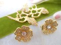 Vintage JOAN RIVERS Designer Duette Pin Brooch Earrings Flower Rhinestone Crystal Jewelry Collectible Gift, VivianJoel.com