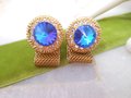 Vintage Blue Crystal Rivoli Cufflinks Gold Tone Groom Best Man Mid Century Cuff Link Jewelry Gift,  VivianJoel.com