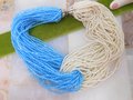 Vintage Blue White Torsade Necklace Glass Seed Bead Bugle 39 46 Strand Collar Mid Century Jewelry Gift, VivianJoel.com