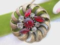 Vintage Big BSK Designer Brooch Red Rhinestone Flower Pin Pendant Pinwheel Chunky Brutalist Jewelry Mid Century, VivianJoel.com