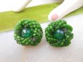 Vintage GERMANY Emerald Green Bead Cluster Earrings Clip On Glass Birdnest Jewelry Gift Mid Century, VivianJoel.com