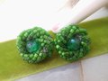 Vintage GERMANY Emerald Green Bead Cluster Earrings Clip On Glass Birdnest Jewelry Gift Mid Century, VivianJoel.com