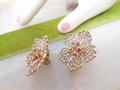 Vintage Tremblant Earrings Flower Enamel Atomic Crystal Rhinestone Clip On Mod Mid Century Jewelry, VivianJoel.com