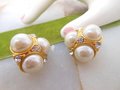 Vintage Pearl Rhinestone Jumbo Earrings Chunky Mogul Gold Tone Plate Mid Century Jewelry Gift, VivianJoel.com