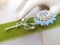 Vintage CORO Flower Brooch Enamel Rhinestone Pearl Pin MOD Designer Something Blue Mid Century Jewelry Gift, VivianJoel.com