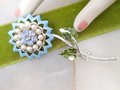 Vintage CORO Flower Brooch Enamel Rhinestone Pearl Pin MOD Designer Something Blue Mid Century Jewelry Gift, VivianJoel.com
