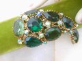 Vintage Regency Revival Brooch Green Pin Emerald Aurora Borealis Ornate Chunky Mid Century Jewelry Gift, VivianJoel.com