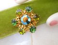 Vintage AUSTRIA Brooch Crystal Rhinestone Pin Green Victorian Renaissance Revival Ornate Jewelry Gift Mid Century, VivianJoel.com