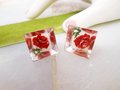 Vintage LOT 2 LUCITE Earrings Red Rose Reverse Carved White Magnolia Flower Resin Plastic Screw Back Mid Century Jewelry, VivianJoel.com