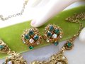 Vintage GERMANY Necklace Earrings Set Ornate Victorian Renaissance Revival Green Crystal Rhinestone Jewelry Mid Century, VivianJoel.com