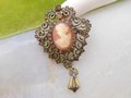 Vintage Cameo Ornate Brooch Rhinestone Victorian Regency Revival Dangle Jewelry Gift Mid Century, VivianJoel.com