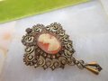 Vintage Cameo Ornate Brooch Rhinestone Victorian Regency Revival Dangle Jewelry Gift Mid Century, VivianJoel.com