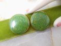 Vintage BAKELITE Jumbo Green Earrings Clip On Spinach Swirl Plastic Mid Century Art Deco Jewelry Gift, VivianJoel.com