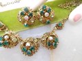 Vintage GERMANY Necklace Earrings Set Ornate Victorian Renaissance Revival Green Crystal Rhinestone Jewelry Mid Century, VivianJoel.com