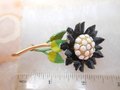 Vintage Black White Enamel Flower Pin Brooch Mod Daisy Mid Century Jewelry Gift, VivianJoel.com