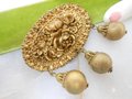 Vintage Flower Brooch Dangle Bead Pin Mid Century Metallic Plastic Resin Rose Victorian Revival Jewelry Gift, VivianJoel.com