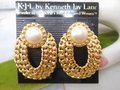 Vintage KENNETH Jay LANE KJL Earrings Dangle Drop Door Knocker Gold Plate Pearl Designer Pierced Jewelry Gift, VivianJoel.com