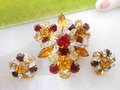 Vintage Rhinestone Brooch Earrings Set Starburst Flower Pin Red Crystal Mid Century Jewelry Gift, VivianJoel.com
