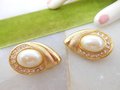 Vintage PISCATELLI Pearl Rhinestone Designer Earrings Clip On Chunky Large Matte Gold Mid Century Jewelry Gift, VivianJoel.com