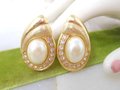 Vintage PISCATELLI Pearl Rhinestone Designer Earrings Clip On Chunky Large Matte Gold Mid Century Jewelry Gift, VivianJoel.com