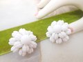 Vintage WEST GERMANY Earrings Milk Glass Domed Flower Clip On Ornate Bead Wedding Mid Century Jewelry Gift, VivianJoel.com