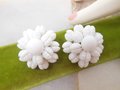Vintage WEST GERMANY Earrings Milk Glass Domed Flower Clip On Ornate Bead Wedding Mid Century Jewelry Gift, VivianJoel.com