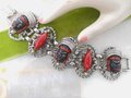 Vintage SELRO SELINI Chunky Bracelet African Princess Mask Face Red Lucite Pearl Brutalist Designer Mid Century Jewelry Gift, VivianJoel.com