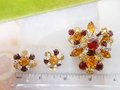 Vintage Rhinestone Brooch Earrings Set Starburst Flower Pin Red Crystal Mid Century Jewelry Gift, VivianJoel.com