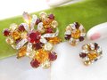 Vintage Rhinestone Brooch Earrings Set Starburst Flower Pin Red Crystal Mid Century Jewelry Gift, VivianJoel.com