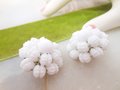 Vintage WEST GERMANY Earrings Milk Glass Domed Flower Clip On Ornate Bead Wedding Mid Century Jewelry Gift, VivianJoel.com