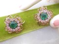 Vintage Emerald Earrings Green Rhinestone Flower Clover Screw Back Victorian Revival Mid Century Jewelry Gift, VivianJoel.com