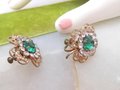 Vintage Emerald Earrings Green Rhinestone Flower Clover Screw Back Victorian Revival Mid Century Jewelry Gift, VivianJoel.com