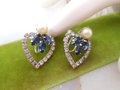 Vintage Blue Flower Heart Earrings Rhinestone Screw Back Faux Pearl Ornate Jewelry Gift Mid Century, VivianJoel.com