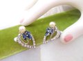 Vintage Blue Flower Heart Earrings Rhinestone Screw Back Faux Pearl Ornate Jewelry Gift Mid Century, VivianJoel.com
