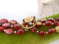 Vintage Art Bead Necklace Russet Red Bib 3 Multi Strand Lucite Plastic Mid Century Fall Autumn Colors Jewelry Gift, VivianJoel.com