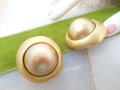 Vintage CAROLEE Earrings Chunky Golden Pearl Matte Gold Tone Plate Clip On Designer Runway Jewelry Gift, VivianJoel.com