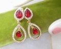 Vintage ROMAN Red Crystal Earrings Dangle Drop Clip On Rhinestone Designer Jewelry Mid Century Gift, VivianJoel.com