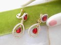 Vintage ROMAN Red Crystal Earrings Dangle Drop Clip On Rhinestone Designer Jewelry Mid Century Gift, VivianJoel.com