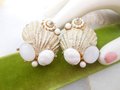 Vintage CAPRI Beach Earrings Seashell Cluster Clip On White Glass Enamel Wedding Mermaid Designer Jewelry Mid Century, VivianJoel.com