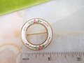 Vintage Rose Guilloche Brooch Enamel Circle Flower Pin Pink Wreath Petite Mid Century Jewelry Gift, VivianJoel.com