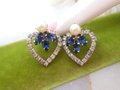 Vintage Blue Flower Heart Earrings Rhinestone Screw Back Faux Pearl Ornate Jewelry Gift Mid Century, VivianJoel.com