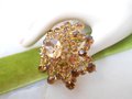 Vintage AUSTRIA Domed Brooch Flower Pin Topaz Crystal Rhinestone Starburst Mid Century Jewelry Gift, VivianJoel.com