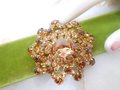 Vintage AUSTRIA Domed Brooch Flower Pin Topaz Crystal Rhinestone Starburst Mid Century Jewelry Gift, VivianJoel.com