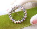 Vintage Blue Aurora Borealis Rhinestone Wreath Pin Brooch Filigree Circle Petite Jewelry Gift Mid Century, VivianJoel.com