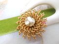 Vintage Baroque Pearl Brooch Pin Pinwheel Flower Glass Bead Chunky Gold Plate Mid Century Jewelry, VivianJoel.com