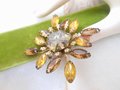 Vintage Topaz Brooch Root Beer Flower Pin Rhinestone Starburst Fleur De Lis Mid Century Jewelry Gift, VivianJoel.com