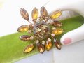 Vintage Topaz Brooch Root Beer Flower Pin Rhinestone Starburst Fleur De Lis Mid Century Jewelry Gift, VivianJoel.com