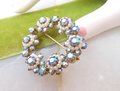 Vintage Blue Rhinestone Brooch Flower Wreath Pin Aurora Borealis Circle Ornate Mid Century Jewelry Gift, VivianJoel.com