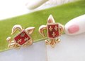 Vintage Heraldic Shield Earrings Red Enamel Fleur De Lis Screw Back Regency Revival Mid Century Jewelry Gift, VivianJoel.com