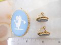 Vintage WEDGEWOOD Van Dell Cameo Pin Brooch Earrings Set Gold Fill GF Pendant Jasperware Blue Designer MCM Jewelry Gift,  VivianJoel.com
